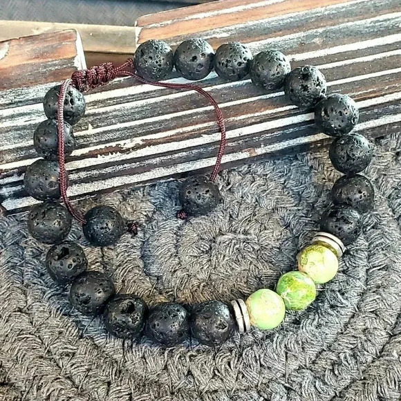 Handcrafted Chakra Bracelet Green Aqua Terra Jasper Black Lava - Picture 4 of 7